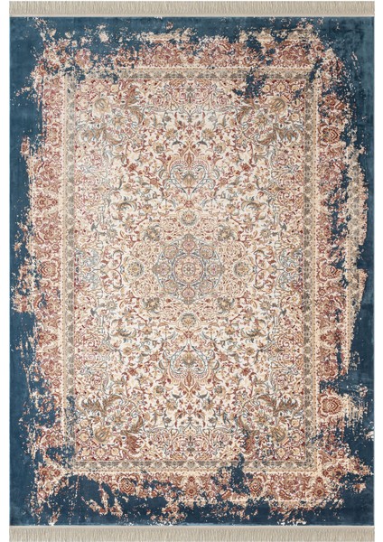 Diamente DM005M Krem Koyu Mavi Çerçeve Halı Modern Klasik Desen 100 Tarak Bambu Viskon Ipek Serisi