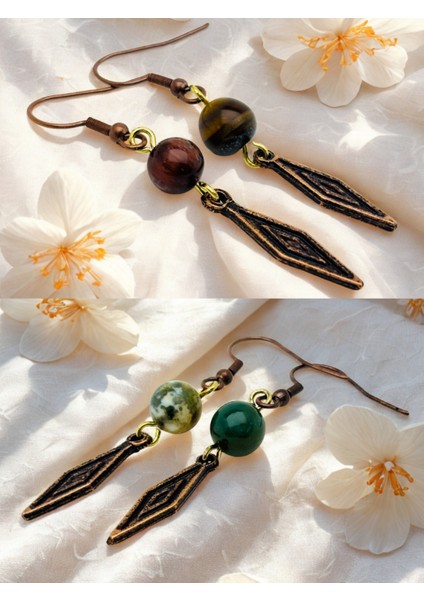 Kaplan Gözü & Hint Akiki Doğal Taşlı 2'li Küpe Seti