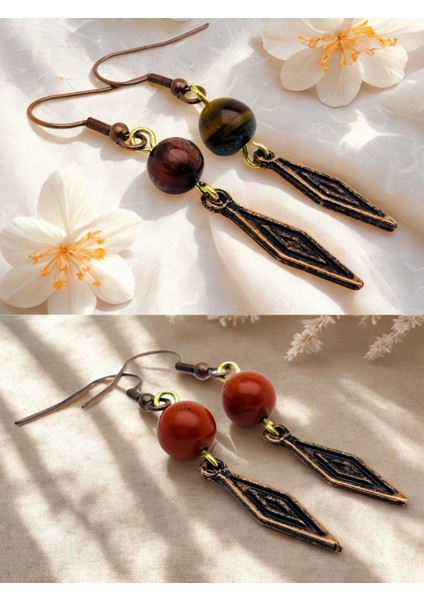 Kaplan Gözü & Jasper Doğal Taşlı 2'li Küpe Seti