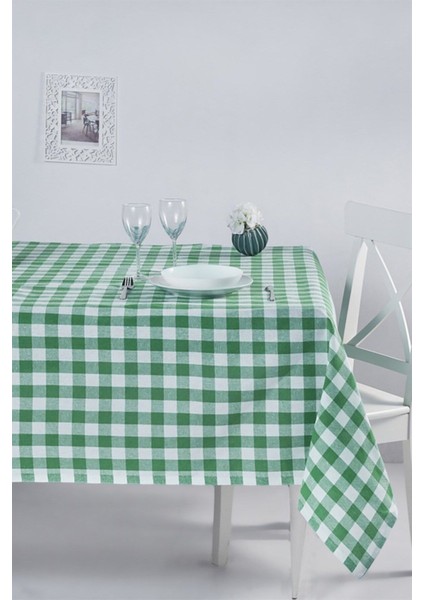Kareli Yeşil Masa Örtüsü, Günlük Kullanıma Uygun, Pamuklu, 160X220 cm