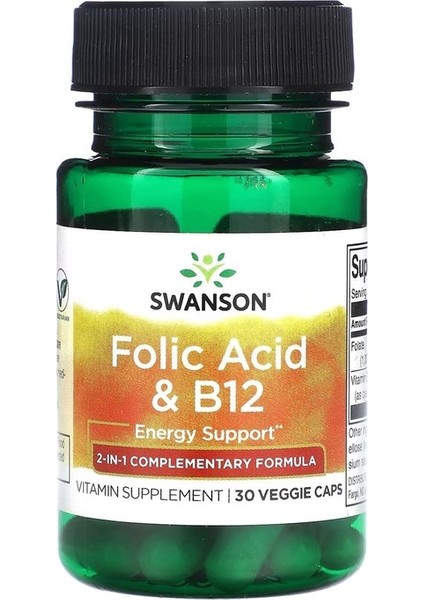 Folic Asid & B12 Energy Support 2'si 1 Arada 30 Veg Kapsül