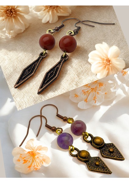 Jasper & Ametist Doğal Taşlı 2'li Küpe Seti