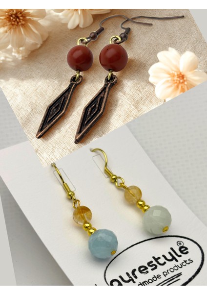 Jasper & Akuamarin &sitrin Doğal Taşlı 2'li Küpe Seti
