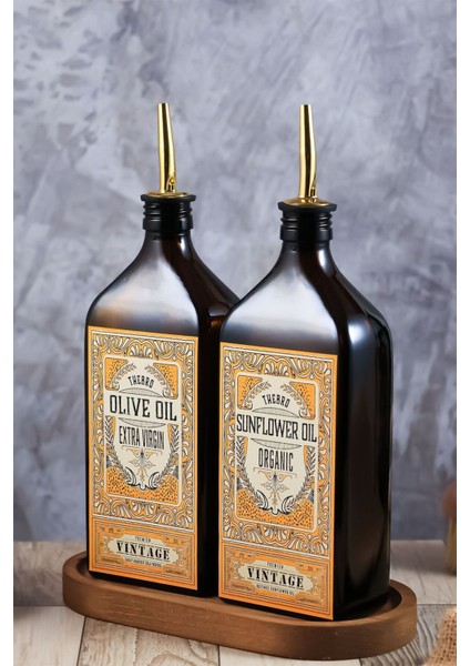 500ML Amber Ahşap Stantlı Zeytinyağı ve Ayçiçek Yağı Şişesi Seti fiyatları