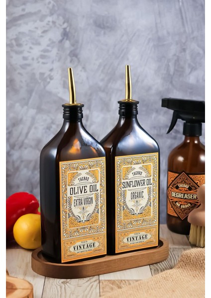 500ML Amber Ahşap Stantlı Zeytinyağı ve Ayçiçek Yağı Şişesi Seti modelleri
