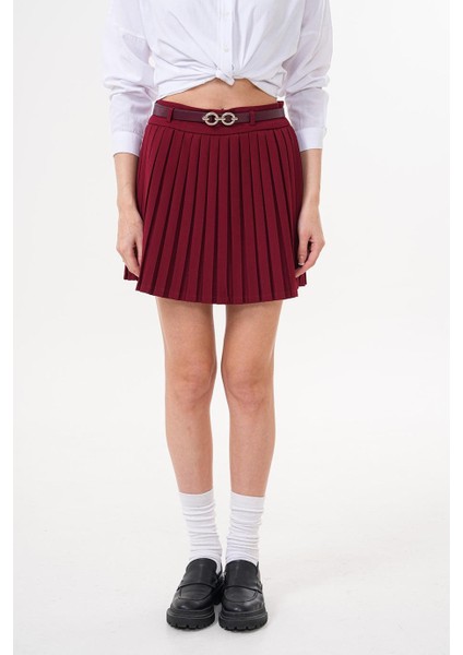 Kemerli Pileli Bordo Mini Etek - KED1001 modelleri