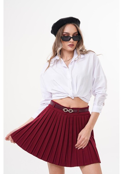 Kemerli Pileli Bordo Mini Etek - KED1001 fırsatları