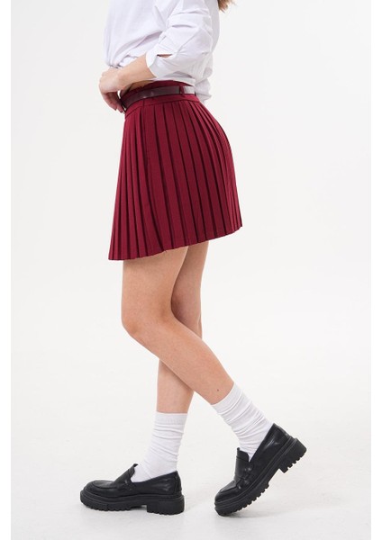 Kemerli Pileli Bordo Mini Etek - KED1001 indirimleri