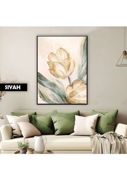 |soft Sarı Yeşil Lale Modeli Elegant |çerçeveli Temperli Cam Tablo Tekli Dikey