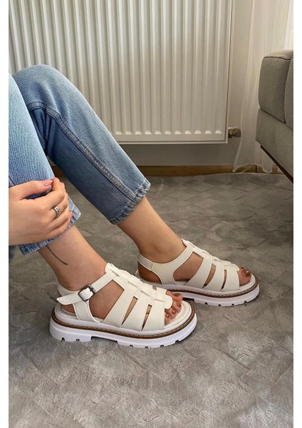 Kadın Desma Beyaz Kafes Model Vardola Deyatlı Kalın Taban Ortopedik Sandalet K-140 fırsatları