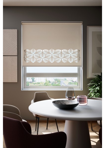 Lazer Kesim Mat Stor Perde, Lazer Kesimli Modern Serisi, M-151002 Ekru Renk