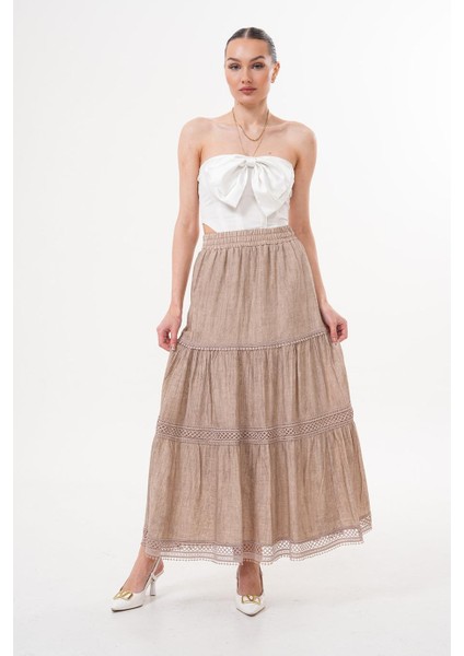 Beli Lastikli Kuşaklı Kraş Bej Etek - AKY4169