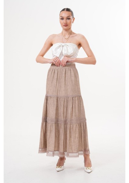 Beli Lastikli Kuşaklı Kraş Bej Etek - AKY4169 fiyatları