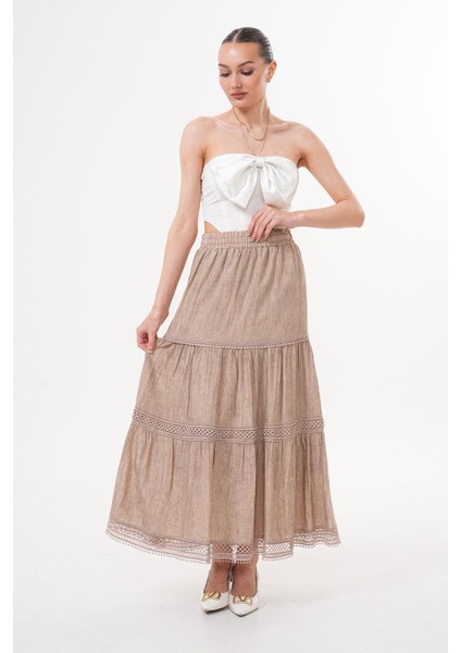 Beli Lastikli Kuşaklı Kraş Bej Etek - AKY4169 modelleri