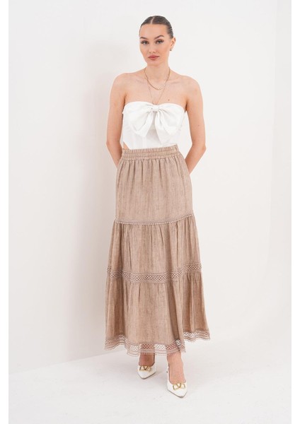 Beli Lastikli Kuşaklı Kraş Bej Etek - AKY4169 fırsatları
