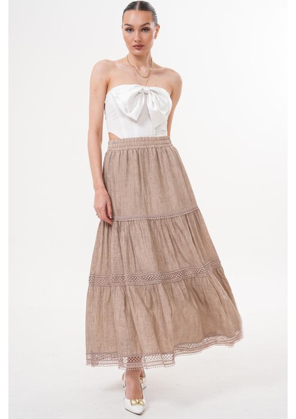 Beli Lastikli Kuşaklı Kraş Bej Etek - AKY4169 indirimleri
