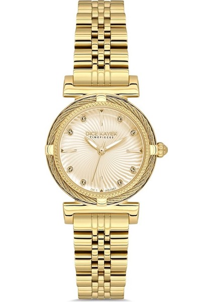 DK.1.AG1401.05 Taşlı Tasarım Çelik Kordon Çelik Kasa 5 Atm Suya Dayanıklı Altın Renk Kadın Kol Saati