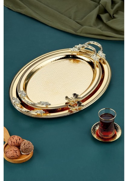 Altın Renkli 2'li Oval Sunum Tepsisi, Şık ve Zarif Mutfak Gereciği fırsatları