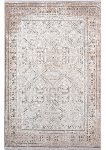 Vogue VG009A Bej Gri Çerçeveli Geometrik Desen Modern Renk 100 Tarak Salon Halısı Ipek Serisi