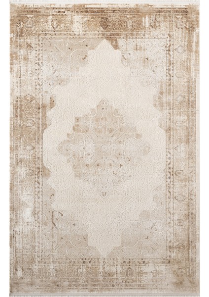 Vogue VG008K Kahve Çerçeveli Göbekli Klasik Desen Modern Renk 100 Tarak Salon Halısı Ipek Serisi