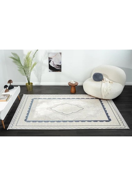 Dark DK016M Gri Halı Mavi Kenar Çerçeveli Göbekli Akrilik Tozuaz Modern Salon Halısı Koridor Halısı fiyatları