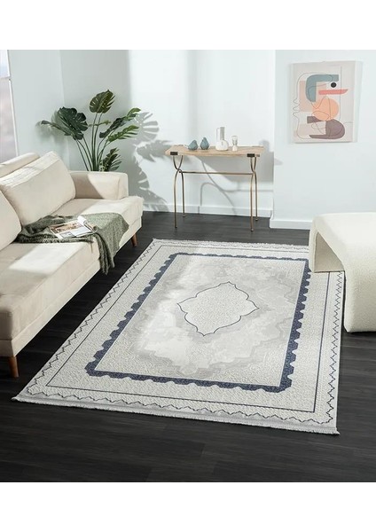 Dark DK016M Gri Halı Mavi Kenar Çerçeveli Göbekli Akrilik Tozuaz Modern Salon Halısı Koridor Halısı modelleri