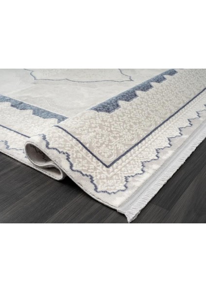 Dark DK016M Gri Halı Mavi Kenar Çerçeveli Göbekli Akrilik Tozuaz Modern Salon Halısı Koridor Halısı fırsatları