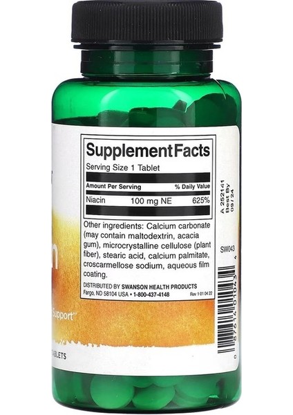 Niacin, 100 Mg, 250 Tablet.usa Menşei.dmmedicine'den fiyatları