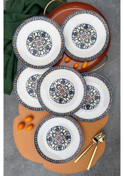 6 Kişilik 19 cm Özel Tasarım Porselen Pasta ve Kahvaltı Sunum Tabağı, Mavi Renk