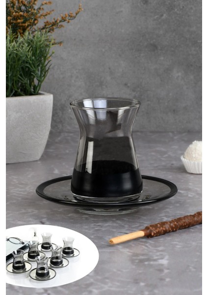 Füme Siyah 12 Parça Çay Bardağı Takımı, Şık ve Modern Tasarım