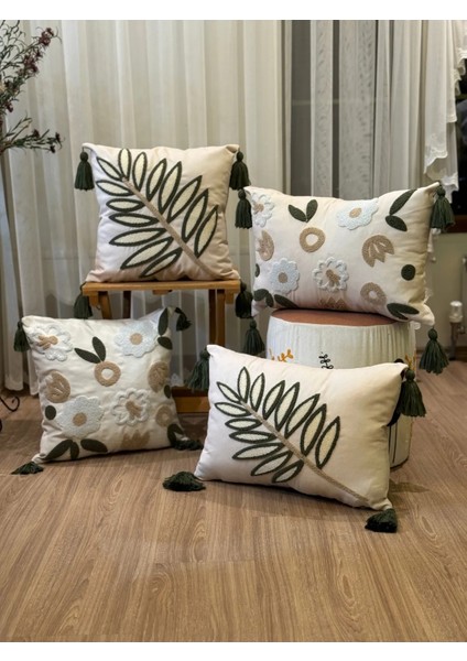 4'lü Punch Işlemeli Nakışlı Dekoratif Kırlent Kılıfı