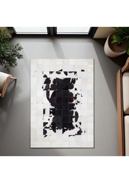Siyah Beyaz Dana Derisi Patchwork Halı, Şık ve Modern Tasarımlı Hakiki Deri Halı, Kaymaz Tabanlı Halı fiyatları