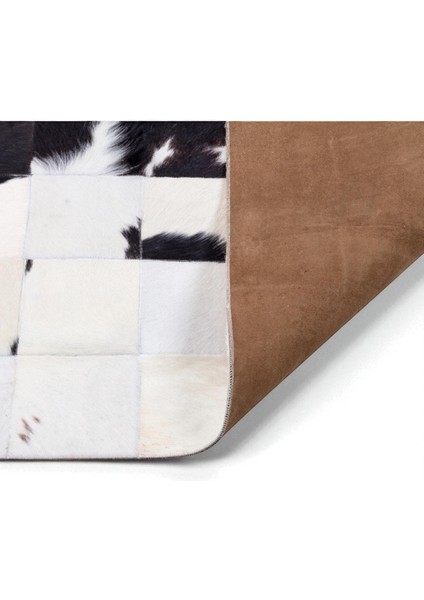 Siyah Beyaz Dana Derisi Patchwork Halı, Şık ve Modern Tasarımlı Hakiki Deri Halı, Kaymaz Tabanlı Halı modelleri