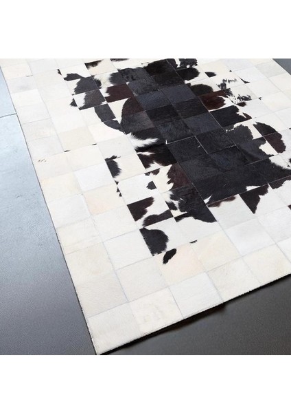 Siyah Beyaz Dana Derisi Patchwork Halı, Şık ve Modern Tasarımlı Hakiki Deri Halı, Kaymaz Tabanlı Halı fırsatları