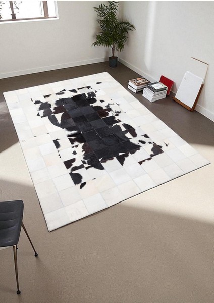 Siyah Beyaz Dana Derisi Patchwork Halı, Şık ve Modern Tasarımlı Hakiki Deri Halı, Kaymaz Tabanlı Halı indirimleri