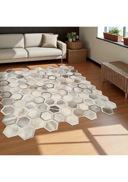 Doğal Gri Bej Dana Derisi Patchwork Halı – El Yapımı Hakiki Deri Şık ve Dekoratif Salon Halısı fırsatları