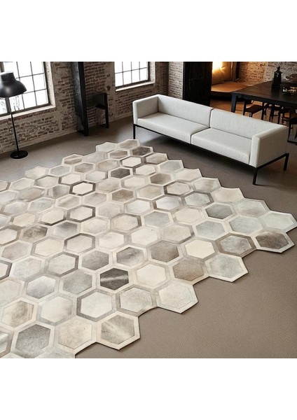 Doğal Gri Bej Dana Derisi Patchwork Halı – El Yapımı Hakiki Deri Şık ve Dekoratif Salon Halısı indirimleri