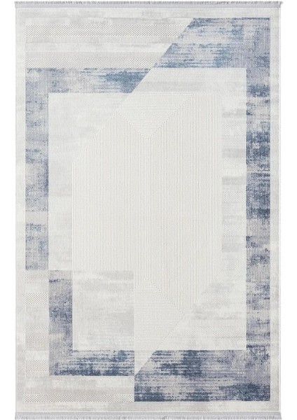 Dark DK014M Gri Halı Mavi Geometrik Detaylı Akrilik Tozuaz Salon Halısı Yatak Odası Halısı Koridor