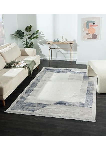 Dark DK014M Gri Halı Mavi Geometrik Detaylı Akrilik Tozuaz Salon Halısı Yatak Odası Halısı Koridor modelleri