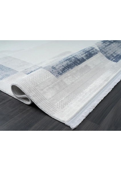 Dark DK014M Gri Halı Mavi Geometrik Detaylı Akrilik Tozuaz Salon Halısı Yatak Odası Halısı Koridor fırsatları