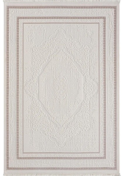 Truva TV014A Bej Halı Kenar Çerçeveli Göbekli Desen Kalın Akrilik Tozuaz Modern Salon Halısı