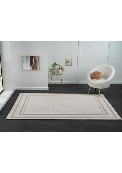 Truva TV014A Bej Halı Kenar Çerçeveli Göbekli Desen Kalın Akrilik Tozuaz Modern Salon Halısı fiyatları