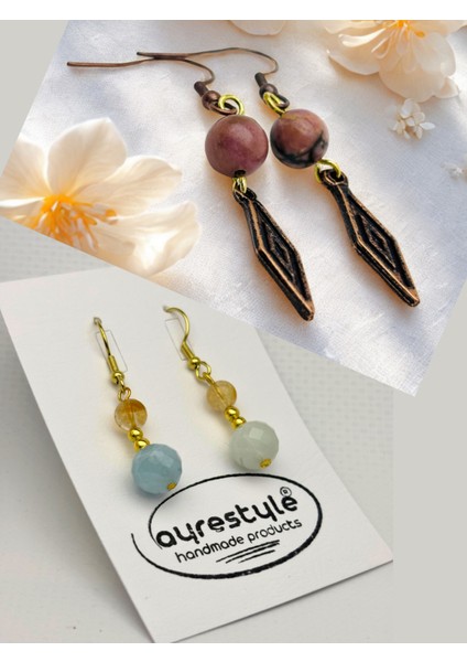 Rodonit & Akuamarin &sitrin Doğal Taşlı 2'li Küpe Seti