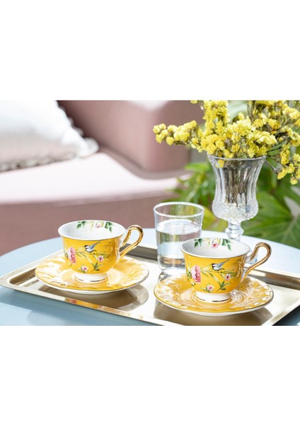 2'li Sarı Bone China Kahve Fincan Takımı, 90 Ml, Şık ve Zarif Tasarım