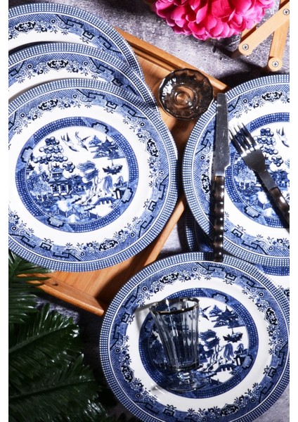 Mavi Desenli Porselen 6'lı Servis Tabağı, 26 Cm, Şık ve Dayanıklı Set