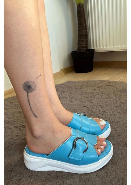 Kadın Reso Mavi Konfor Ortopedik Taban Tokalı Terlik 130