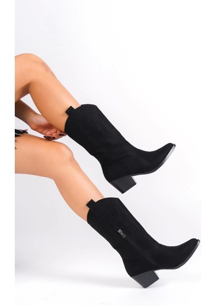 Kadın Lori Siyah Süet Nakişli Fermuarli Western Kovboy Çizme Bot