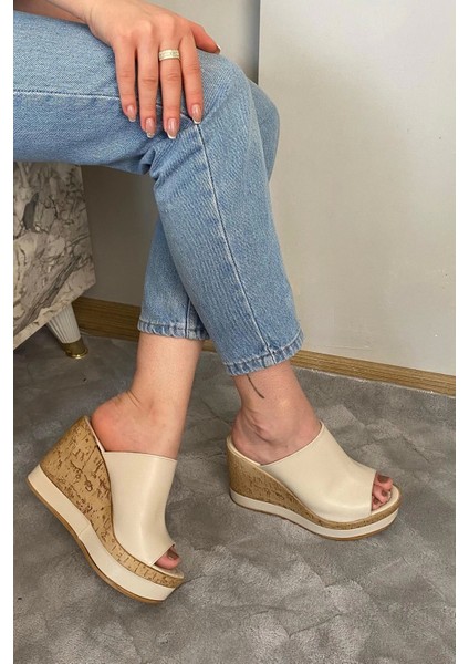 Kadın Morgan Bej Cilt 10 cm Dolgulu Mantar Taban Şerit Sargılı Terlik K-500 modelleri
