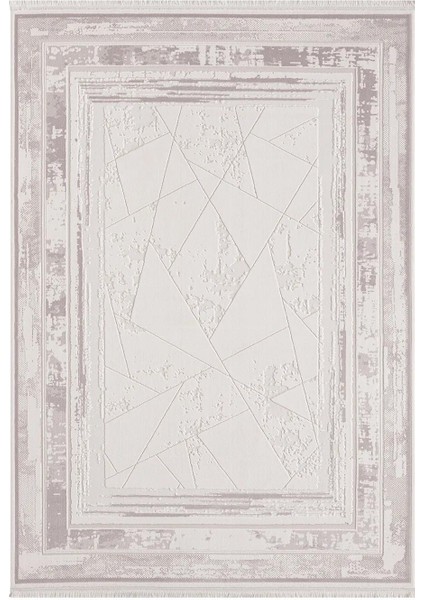 Truva TV013A Bej Halı Geometrik Desen Kenar Çerçeveli Kalın Akrilik Tozuaz Modern Salon Halısı