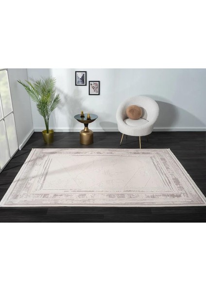 Truva TV013A Bej Halı Geometrik Desen Kenar Çerçeveli Kalın Akrilik Tozuaz Modern Salon Halısı fiyatları